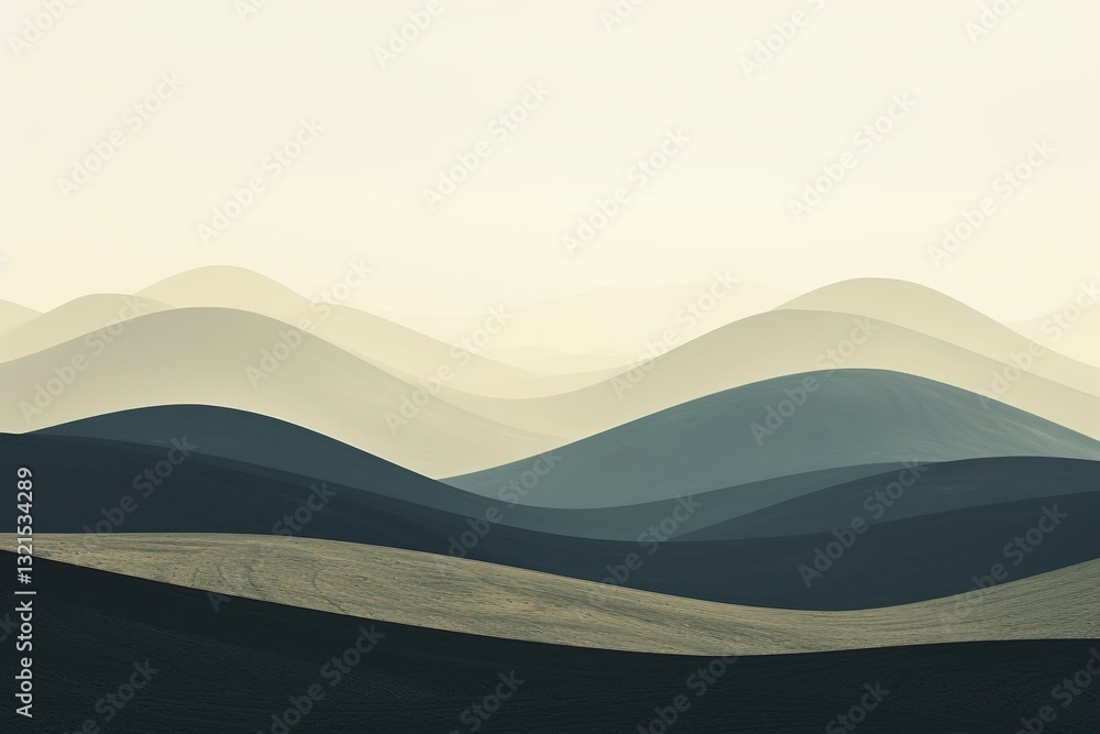 A serene landscape featuring layered hills in muted tones, creating a calming atmosphere with soft gradients and subtle textures.