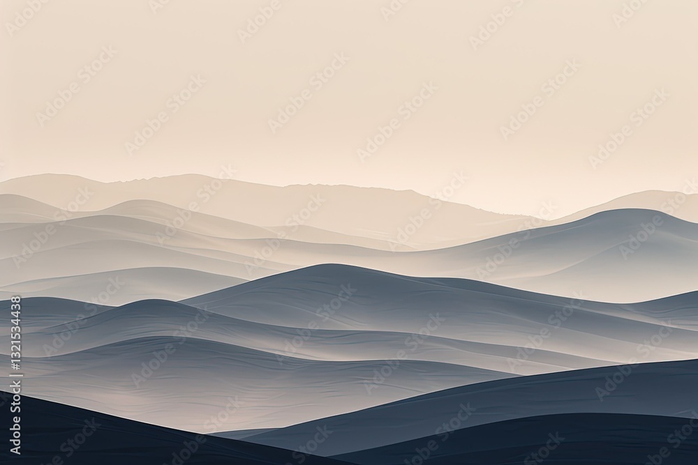 Soft, undulating hills fade into the horizon, creating a serene landscape in muted tones, evoking tranquility and depth.