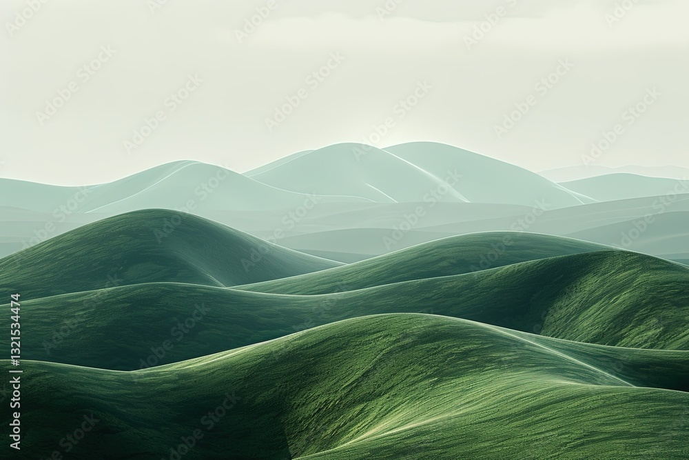A serene landscape featuring rolling green hills under a soft, muted sky, creating a tranquil and peaceful atmosphere.