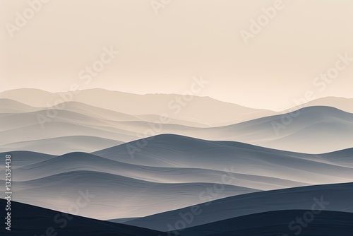 Soft, undulating hills fade into the horizon, creating a serene landscape in muted tones, evoking tranquility and depth.
