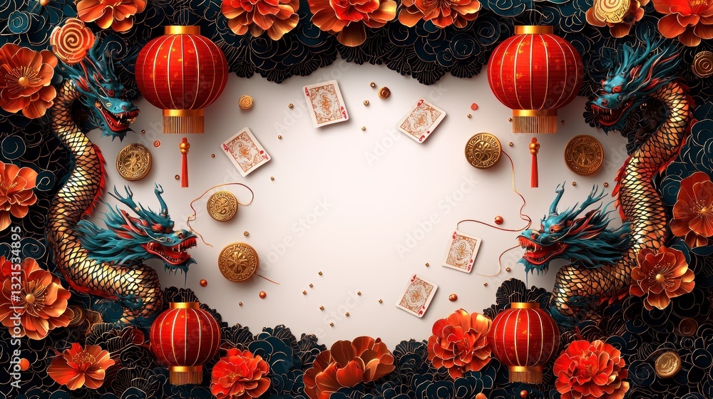 Naklejka premium Auspicious Lunar New Year Celebration with Dragons and Traditional Symbols