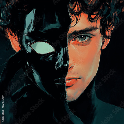 a brunette man whose half of his face is hidden behind a black mask
