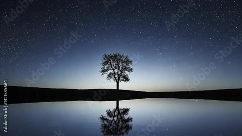 A Single Tree Reflecting a Starry Night Sky in Still Water, Creating a Moment of Perfect Harmony and Quietude