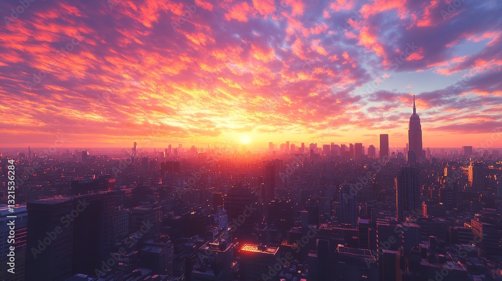 Fototapeta premium Stunning Cityscape Sunset Vibrant Orange Sky Modern Buildings Urban Panorama Beautiful Aerial View 