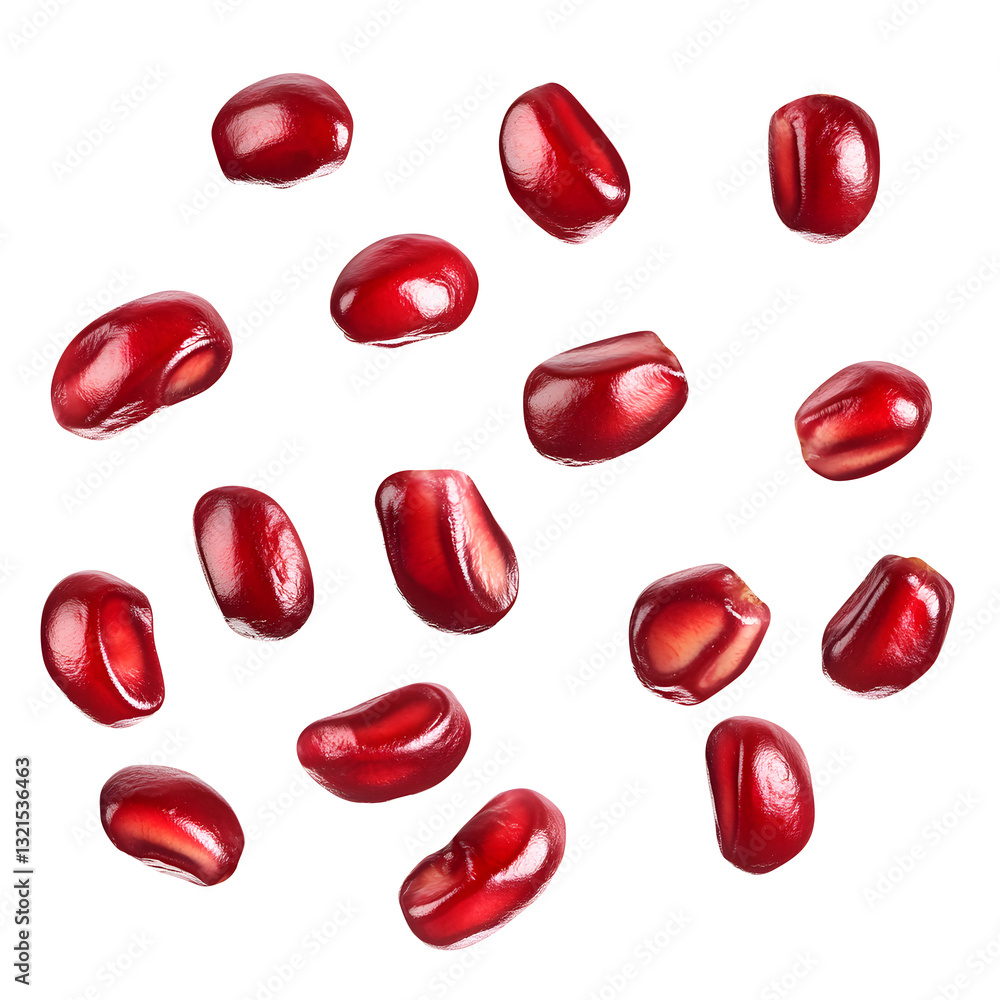 Set of flying pomegranate beans isolated on transparent white background clipping path, pen tool. Set of flying pomegranate beans isolated on transparent white background clipping path, pen tool.