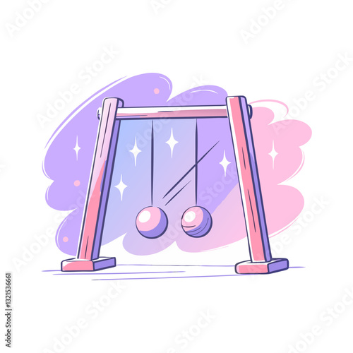 Vector illustration of a stylized Newton's cradle, symbolizing physics, motion, energy transfer, and momentum in a soft pastel design.