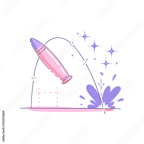 Vector illustration of a stylized bullet ricocheting with a trajectory path, symbolizing physics, motion, ballistics, and energy in a soft pastel design.