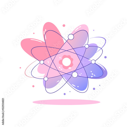 Vector illustration of a stylized atom with orbiting electrons in soft pastel colors, symbolizing science, energy, and molecular structure.