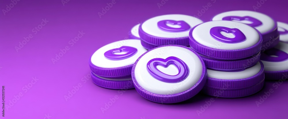 3D Render of White Tokens with Purple Infinity Logo on Minimalist Background Copy Space for Technology and Finance 3D Render of White Tokens with Purple Infinity Logo on Minimalist Background Copy Space for Technology and Finance