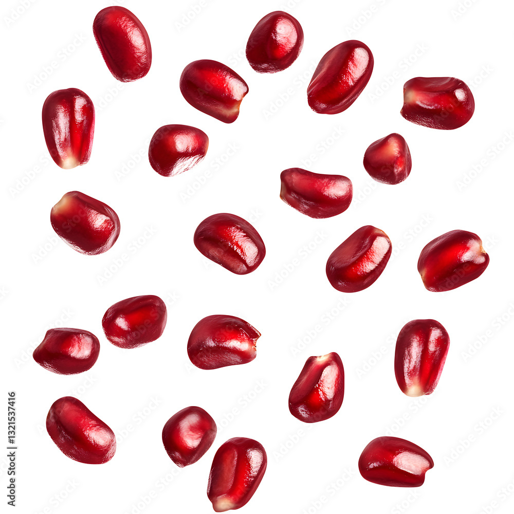 Set of flying pomegranate beans isolated on transparent white background clipping path, pen tool. Set of flying pomegranate beans isolated on transparent white background clipping path, pen tool.