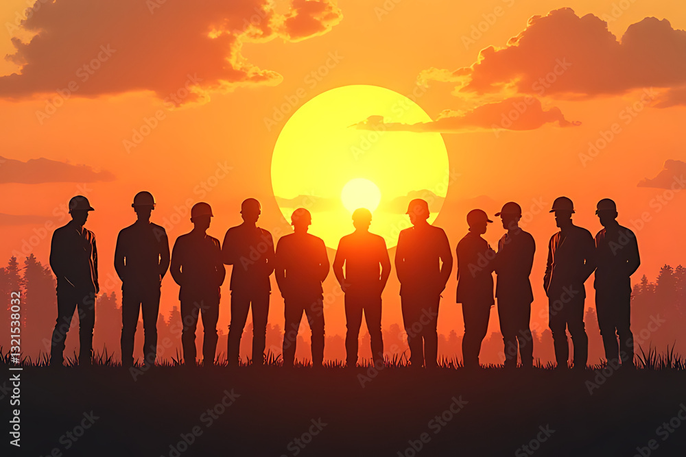 Fototapeta premium sunset teamwork construction silhouette workforce unity