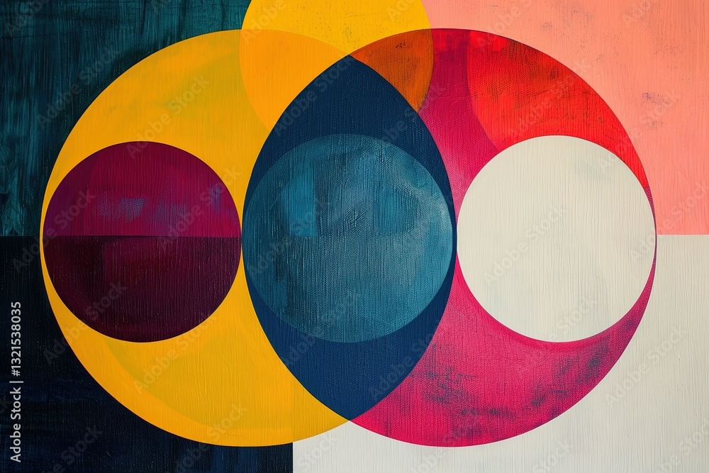 A vibrant abstract artwork featuring overlapping circles in bold colors, creating a dynamic visual interplay.