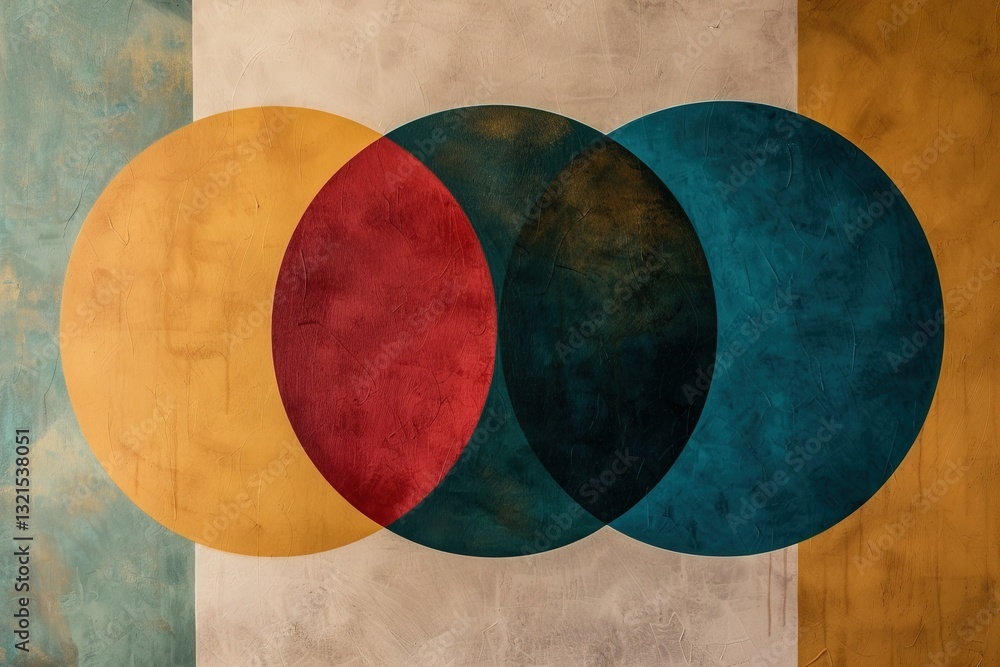 Abstract geometric design featuring overlapping circles in vibrant colors: yellow, red, teal, and dark green on a textured background.