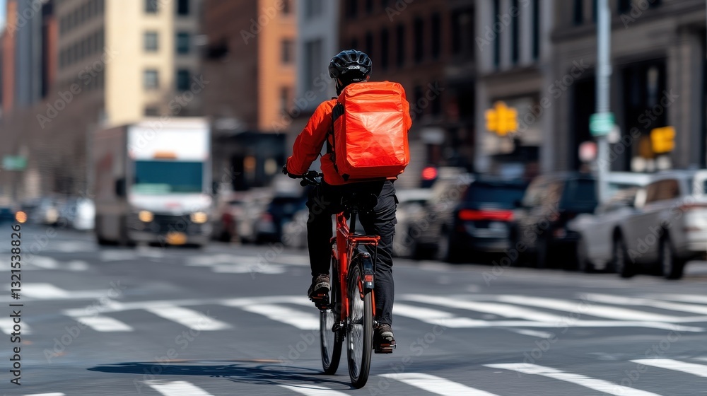 A cyclist in a bright orange backpack rides on a city street, surrounded by parked cars and urban architecture. A cyclist in a bright orange backpack rides on a city street, surrounded by parked cars and urban architecture.