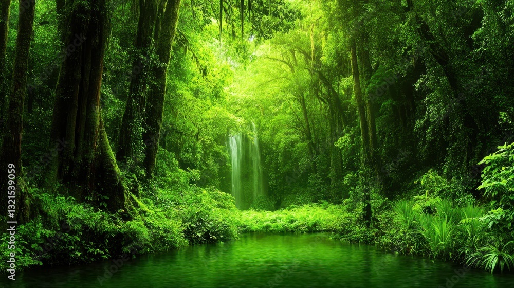 A lush, green forest scene featuring a tranquil water body and a cascading waterfall, embodying a serene natural environment. A lush, green forest scene featuring a tranquil water body and a cascading waterfall, embodying a serene natural environment.