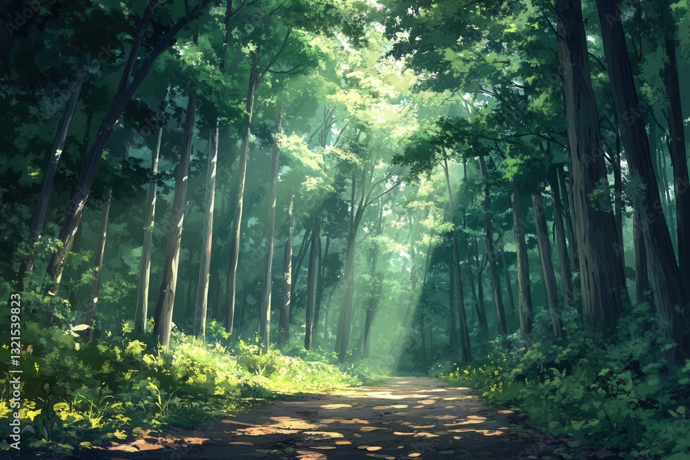 Obraz premium Serene forest path leading into the heart of nature with sunlight filtering through the leaves