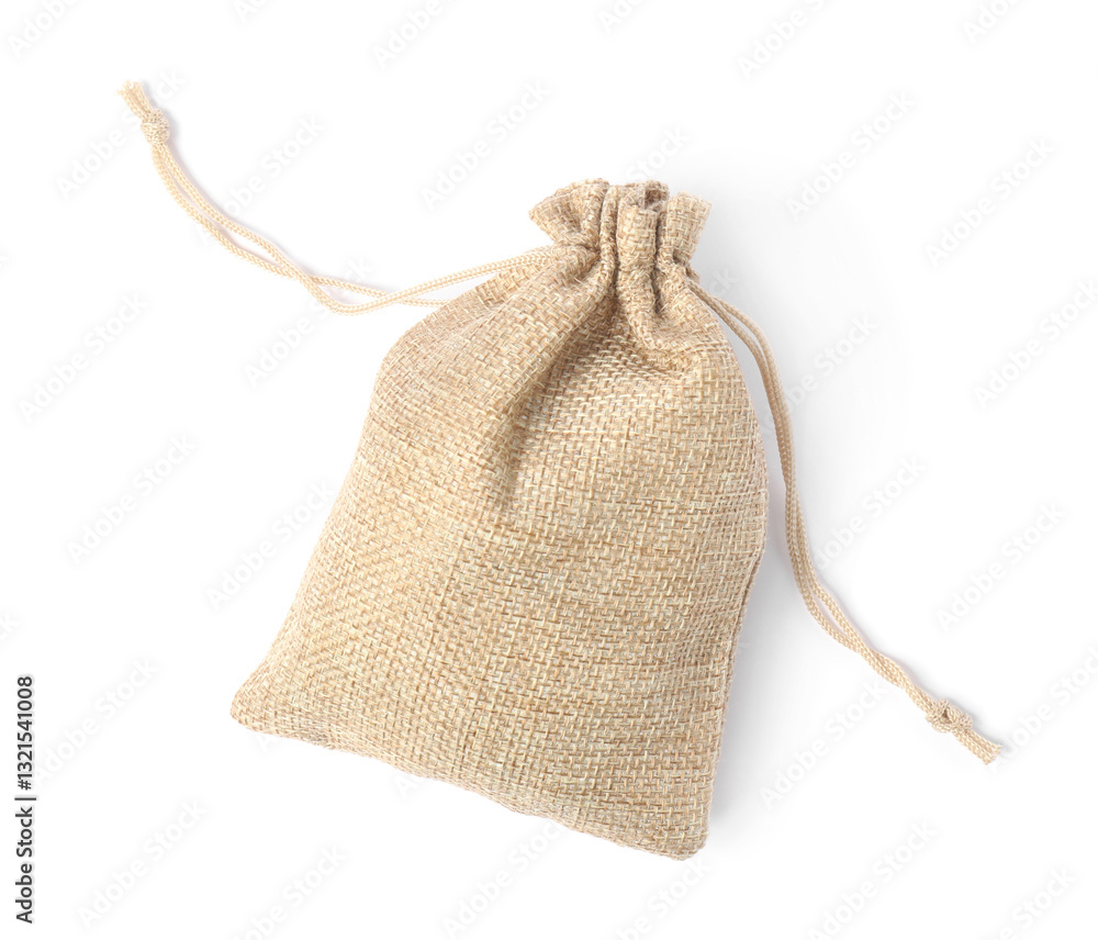One burlap bag isolated on white, top view One burlap bag isolated on white, top view