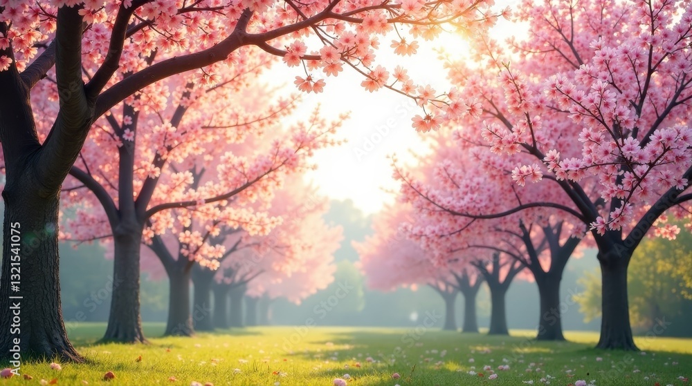 Serene Pink Blossom Trees in a Sunlit Meadow, Creating a Peaceful and Tranquil Atmosphere Serene Pink Blossom Trees in a Sunlit Meadow, Creating a Peaceful and Tranquil Atmosphere