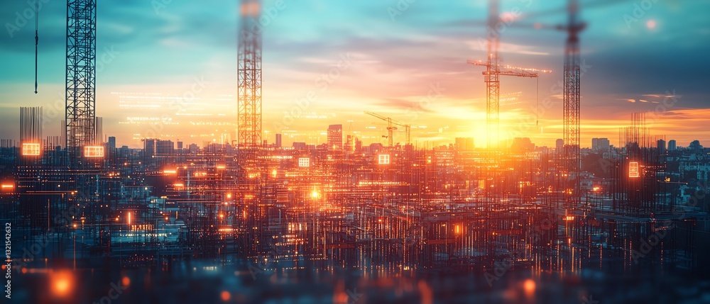 Fototapeta premium Sunset over industrial cityscape