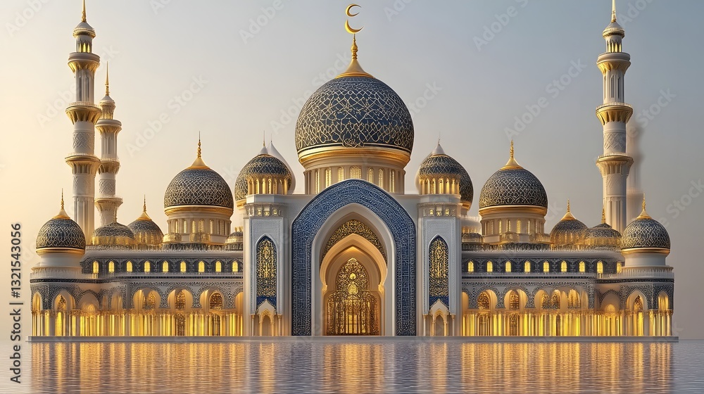 Fototapeta premium Majestic Mosque at Dawn, Golden Reflection