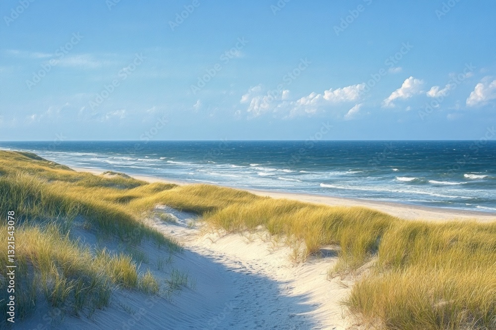 Coastal Landscape with Grassy Dunes and Gentle Waves in Soft Morning Light Coastal Landscape with Grassy Dunes and Gentle Waves in Soft Morning Light