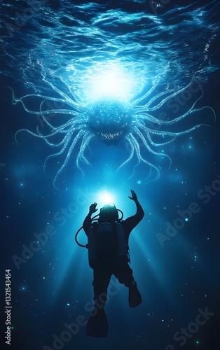 Wallpaper Mural A deep-sea diver encountering a colossal bioluminescent creature in the abyss Torontodigital.ca