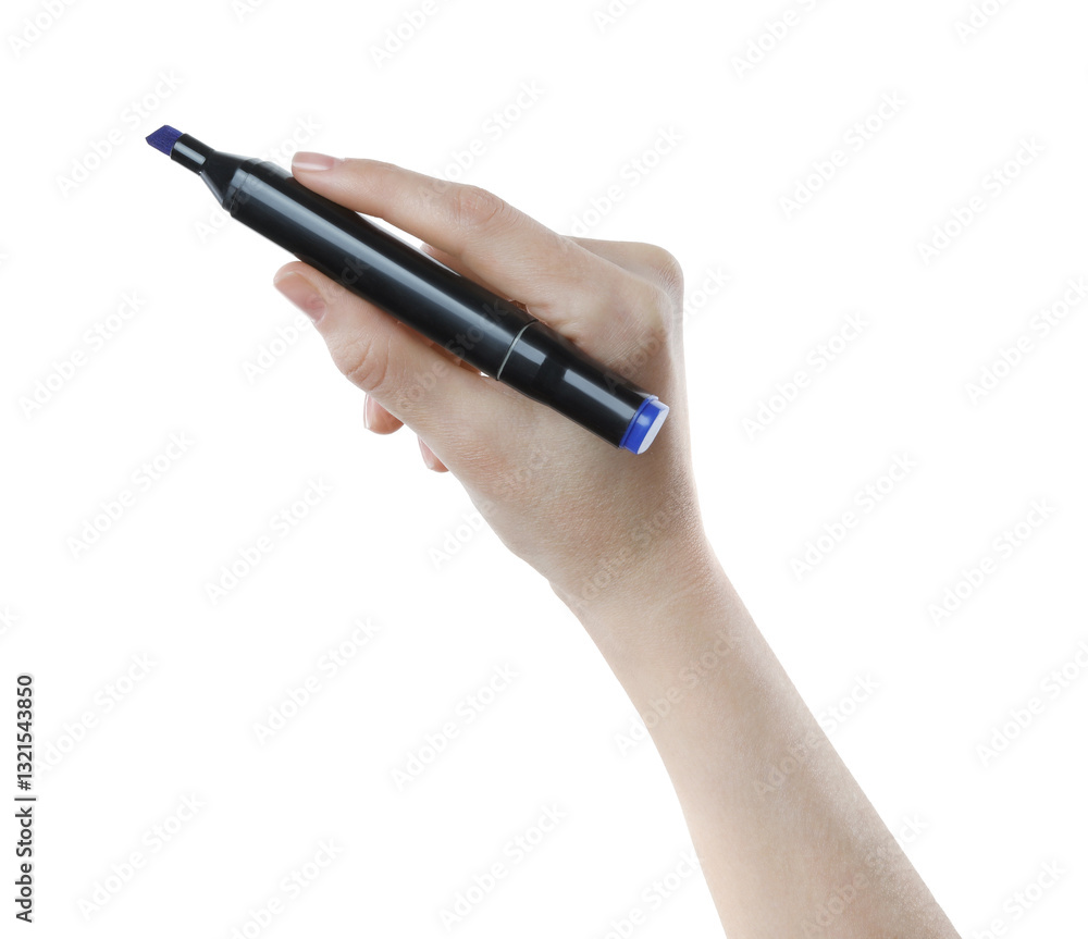Woman with double sided marker on white background, closeup Woman with double sided marker on white background, closeup