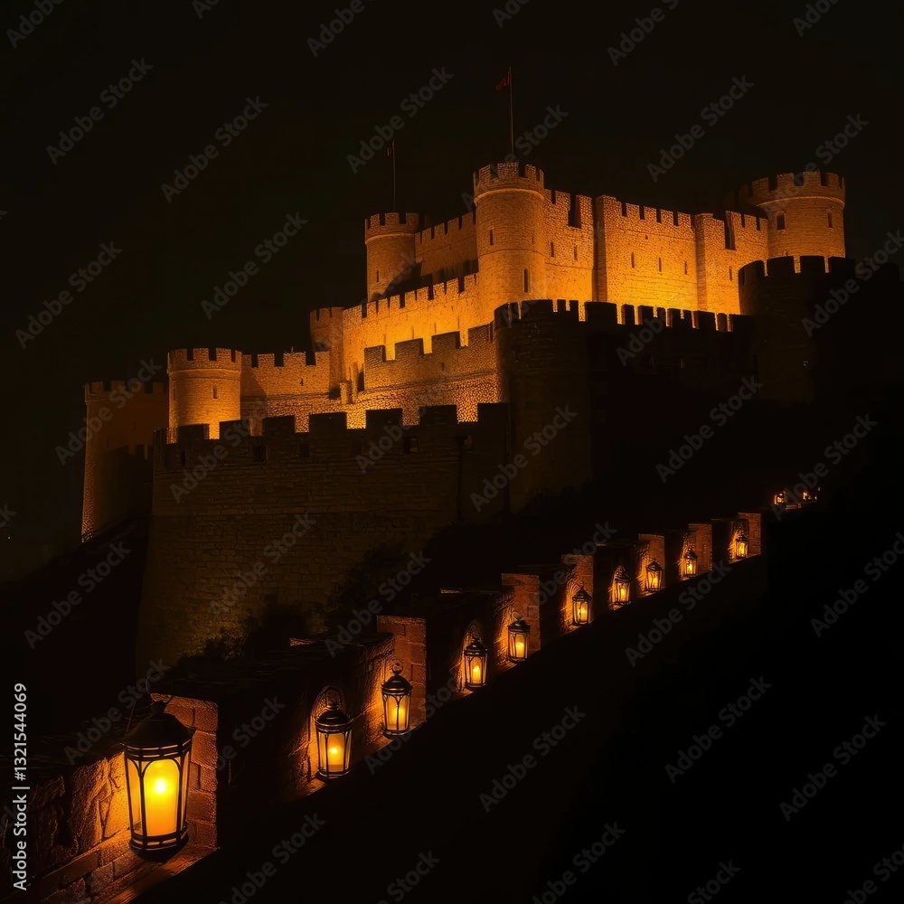 Castle battlements lit by candles and lanterns in the dark of night, lanterns, battlements Castle battlements lit by candles and lanterns in the dark of night, lanterns, battlements