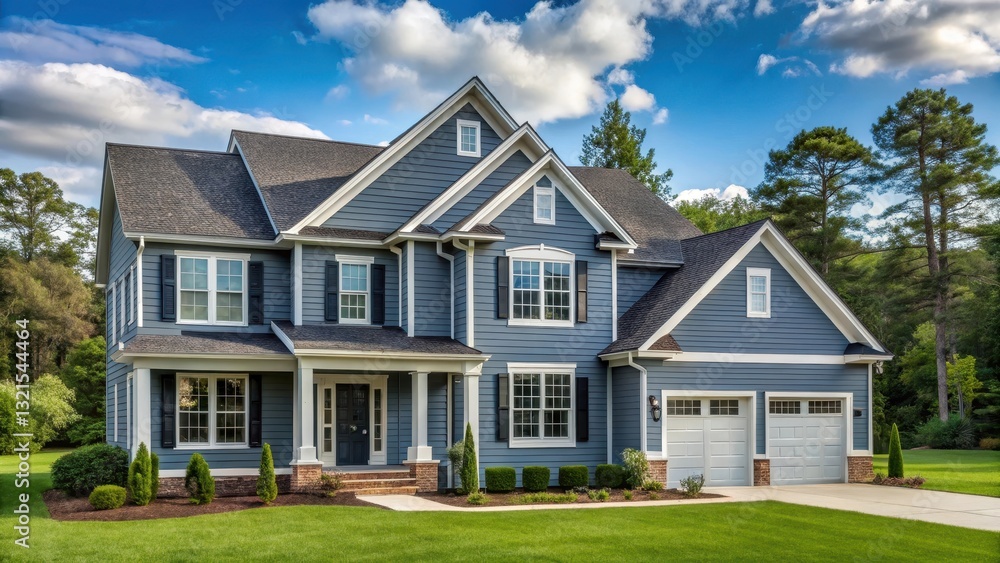A large two story blue gray house with wood and vinyl siding stands proudly in a serene landscape, outdoor scenery, blue gray house A large two story blue gray house with wood and vinyl siding stands proudly in a serene landscape, outdoor scenery, blue gray house