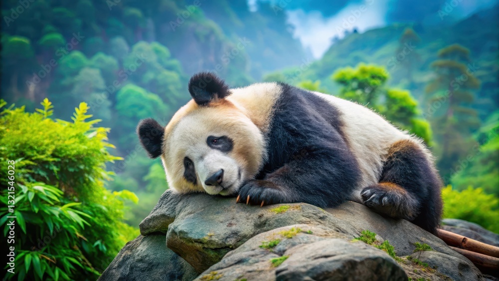 Obraz premium Adorable giant panda bear sleeping peacefully on a large rock with soft, fluffy fur and closed eyes, surrounded by lush greenery in a mountainous landscape , wildlife, animal