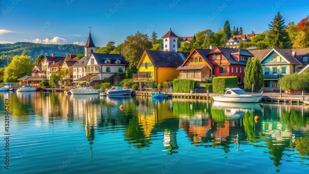 Beautiful lakeside village with colorful houses and boats in Velden at the W?rthersee in K?rnten, rural, silhouette, rural Beautiful lakeside village with colorful houses and boats in Velden at the W?rthersee in K?rnten, rural, silhouette, rural