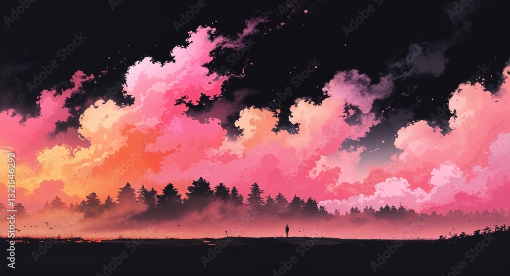 Obraz premium Abstract pink orange fog mist anime on plain dark black background illustration