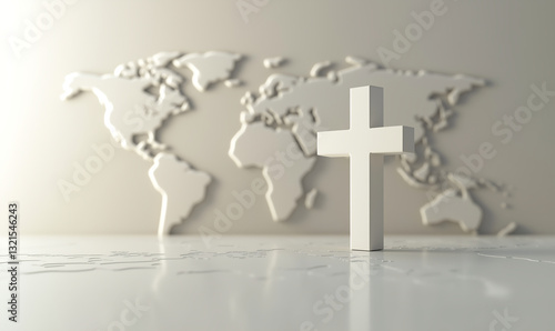 White cross with a world map in the background, symbolizing global Christianity and faith across nations