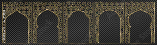 Transparent background can be removed in vector file. Islamic windows, mosque doors. Ramadan or Al-Adha golden decoration, holiday frames. Vertical format for cards or social media.