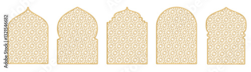 Golden islamic windows, mosque doors with traditional pattern. Ramadan or Al-Adha golden decoration, holiday frames. Vertical format for cards or social media. Transparent background in vector file.