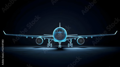 Front View of a Futuristic Wireframe Airplane Illuminated With Glowing Blue Light in a Dark Airport Setting