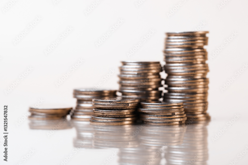Many stacked coins on beige background, closeup Many stacked coins on beige background, closeup