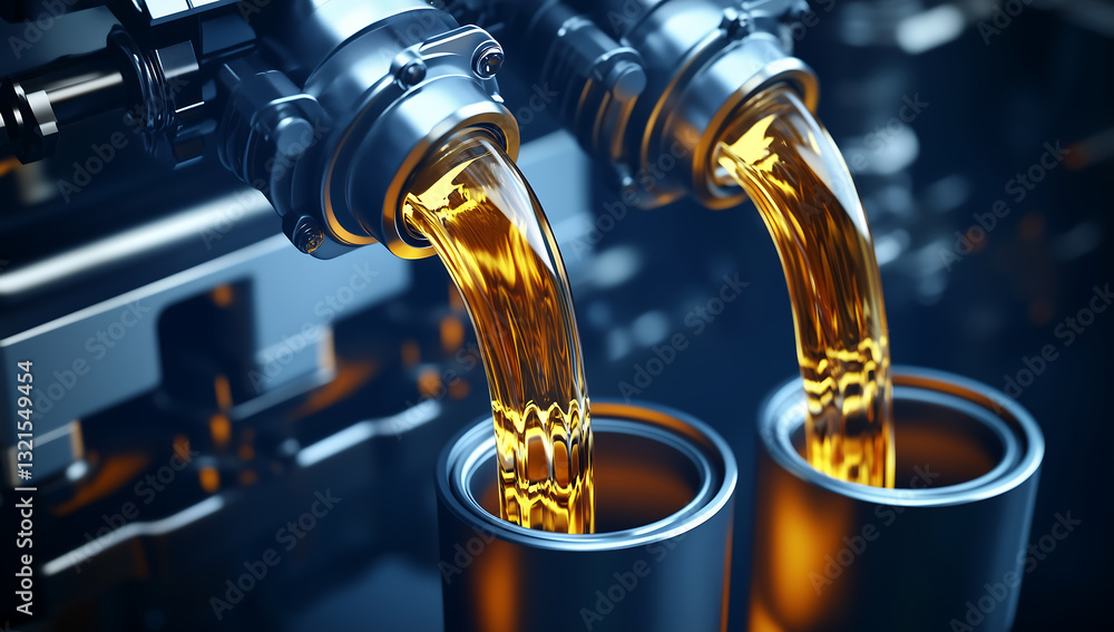High-tech industrial automation system pouring golden liquid into metal cans in a modern factory production line High-tech industrial automation system pouring golden liquid into metal cans in a modern factory production line