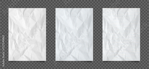 Crumpled notebook paper sheets. Realistic white, striped and square grid pages with crumpled texture. 3d wrinkled notepad and copybook sheets in A4 format with shadow at transparent background.