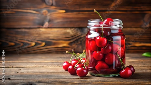 A glass jar filled with maraschino cherries in a sweet syrup, with the jar sitting on a wooden table , condiment, dessert