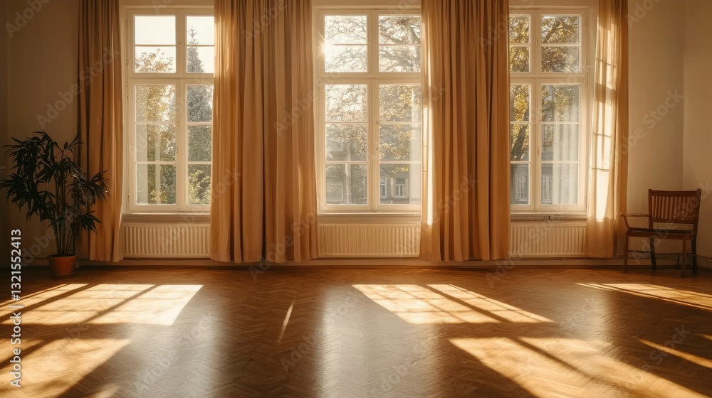 Sunlight streams through large windows in a sunlit room Sunlight streams through large windows in a sunlit room