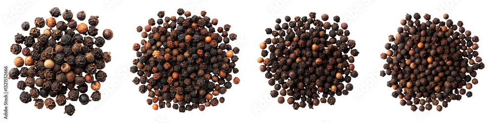 A diverse selection of freshly harvested peppercorns including black white green and pink varieties arranged in a visually appealing pattern on a plain background A diverse selection of freshly harvested peppercorns including black white green and pink varieties arranged in a visually appealing pattern on a plain background