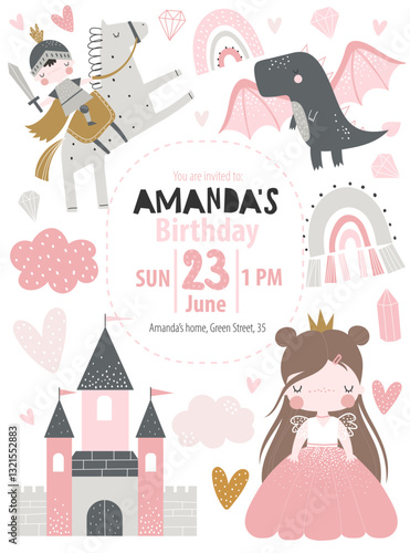 Vector invitation template with girl princess, knight on horse with sword, dragon, castle, rainbow and clouds. Invitation for children's birthday party. Baby shower. Girly delicate pink invitation.