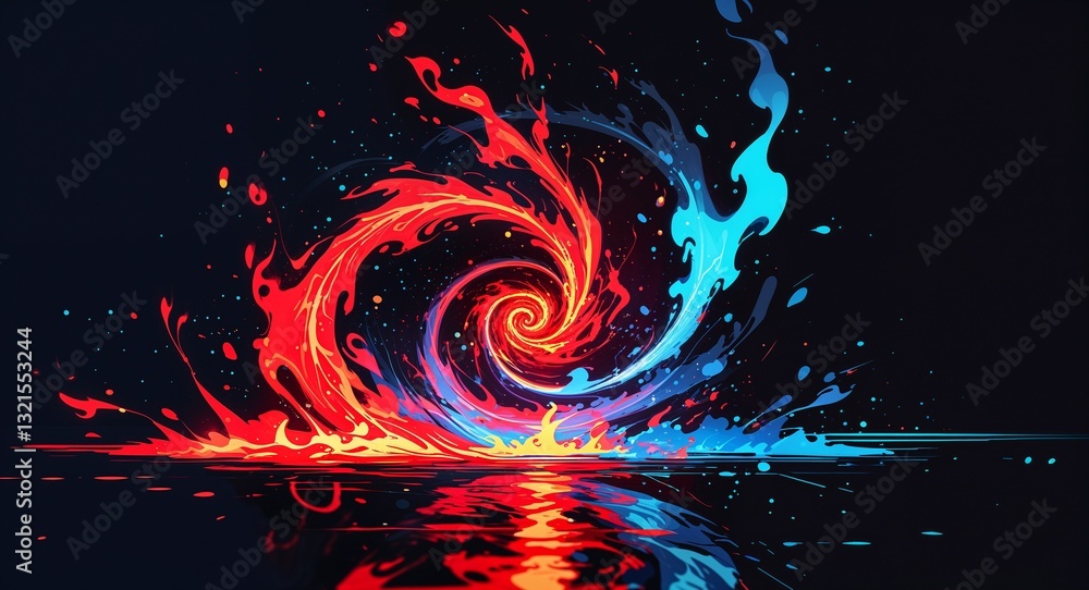 Fototapeta premium Abstract red cyan spiral flame burning sparks anime on plain dark black background illustration