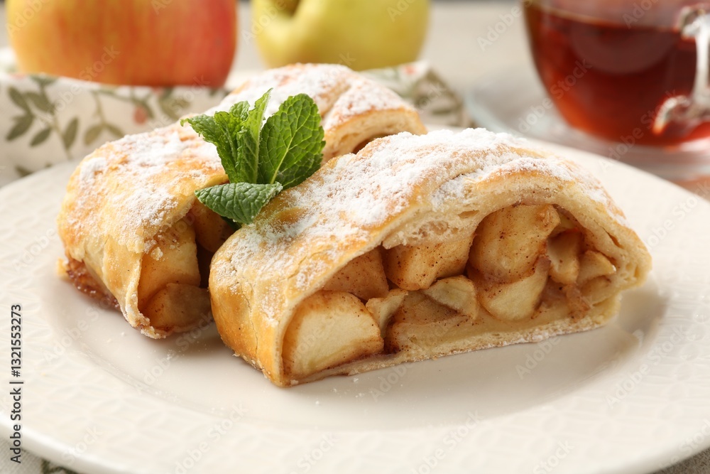 Pieces of tasty apple strudel with powdered sugar and mint on table, closeup Pieces of tasty apple strudel with powdered sugar and mint on table, closeup