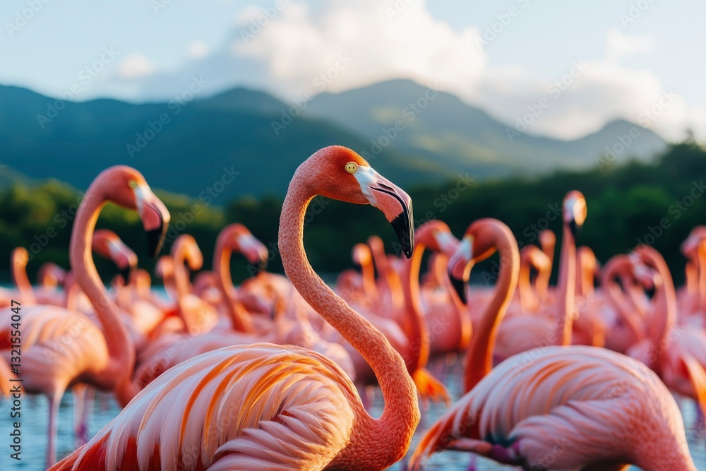 Obraz premium Pink flamingos in a shallow water