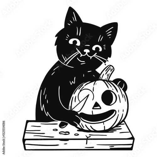 black cat cutting a pumpkin.