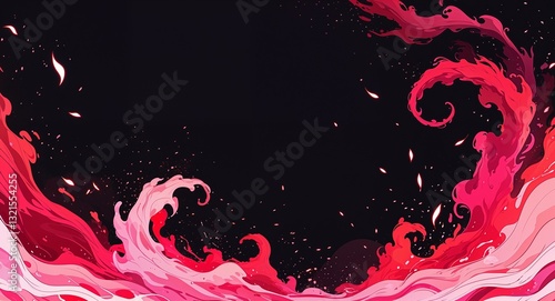 Abstract red pink spiral flame burning sparks anime on plain dark black background illustration