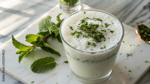 Close-up of frothy ayran with chopped mint on white marble countertop