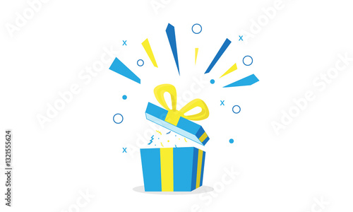 surprise blue gift box, birthday celebration, special give away package, loyalty program reward, wonder gift with exclamation mark, vector icon, flat illustration